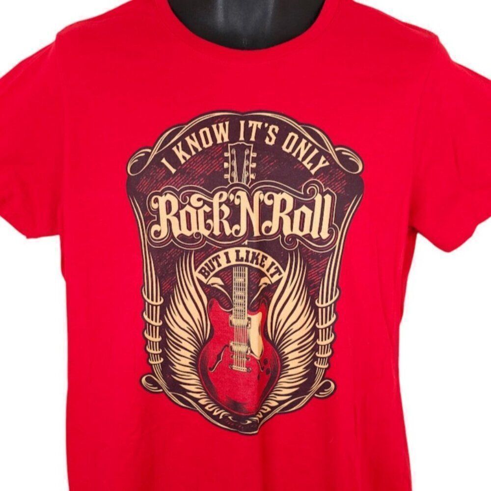 Rock N Roll T Shirt Womens Size XL Red Guitar Wings Music